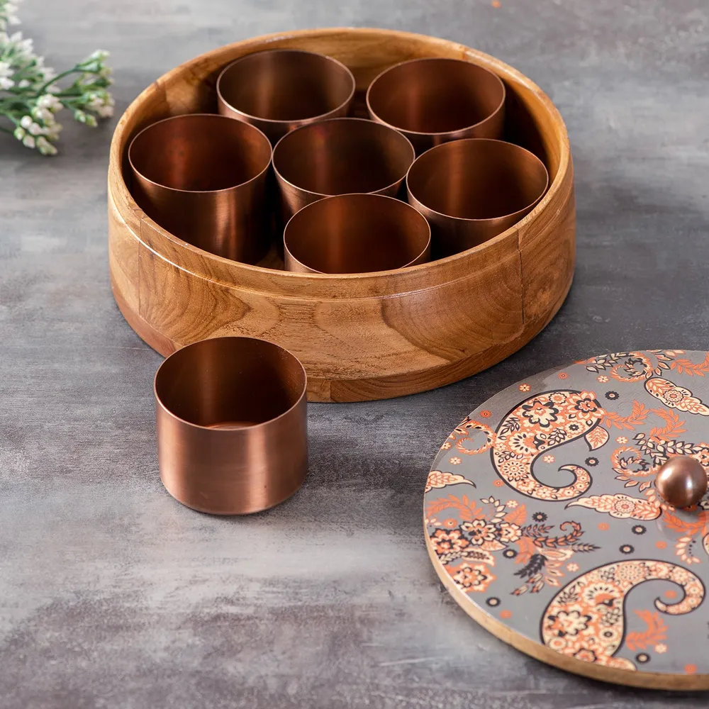 Grey Patterned Wood & Stainless Steel Jars Masala/ Spice Box