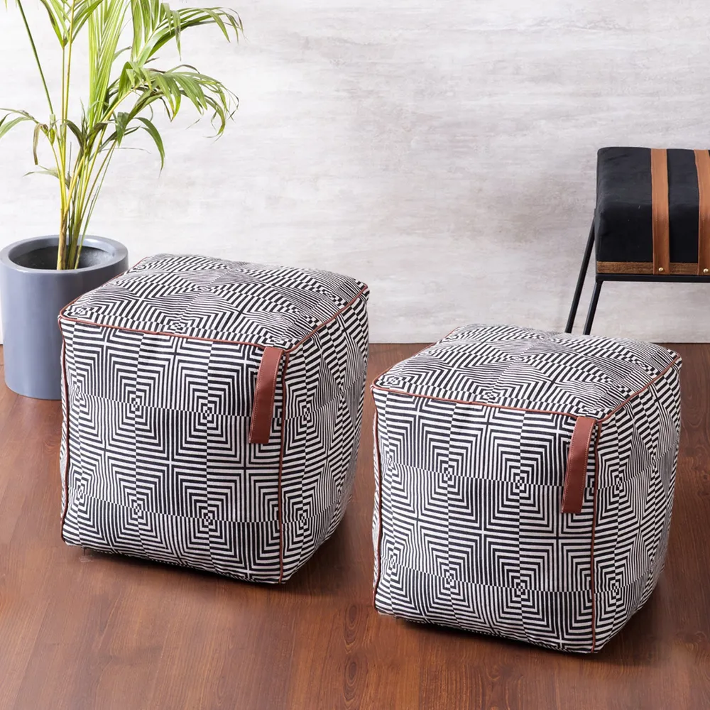 Grey Pattrened Woven Jacquard Cotton Floor Poufee Stool Set Of 2 With Fillers