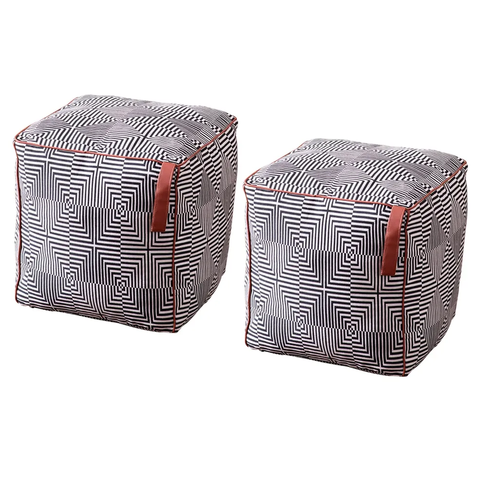 Grey Pattrened Woven Jacquard Cotton Floor Poufee Stool Set Of 2 With Fillers