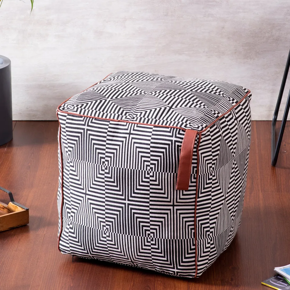 Grey Pattrened Woven Jacquard Cotton Floor Poufee Stool Set Of 2 With Fillers