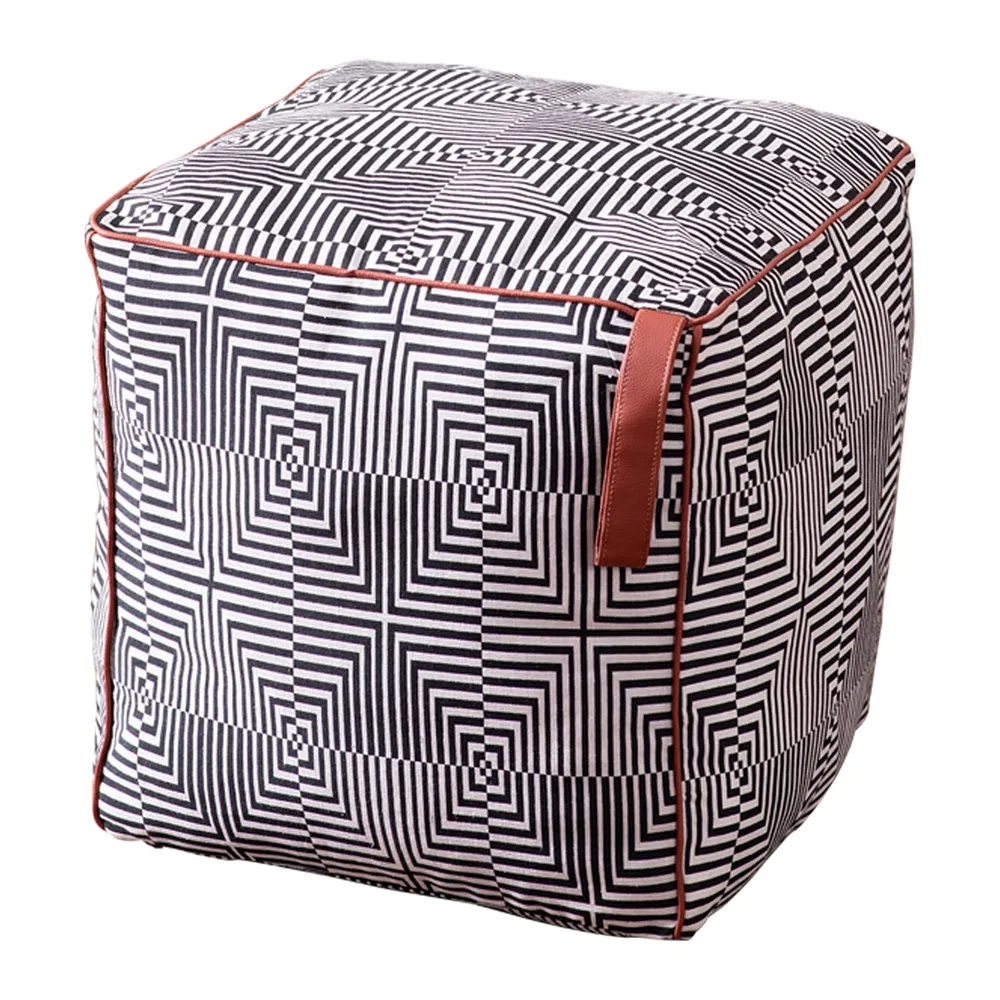 Grey Pattrened Woven Jacquard Cotton Floor Poufee Stool With Filler