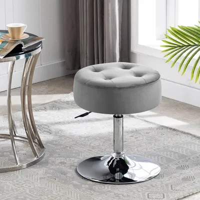 Grey Premium Leatherette Pouffe Stool with Round Metal Base
