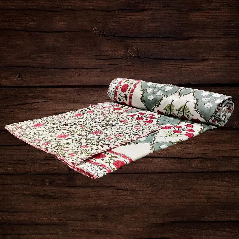 Grey & Red Traditional Hand Block Printed Single Bed Cotton Dohar