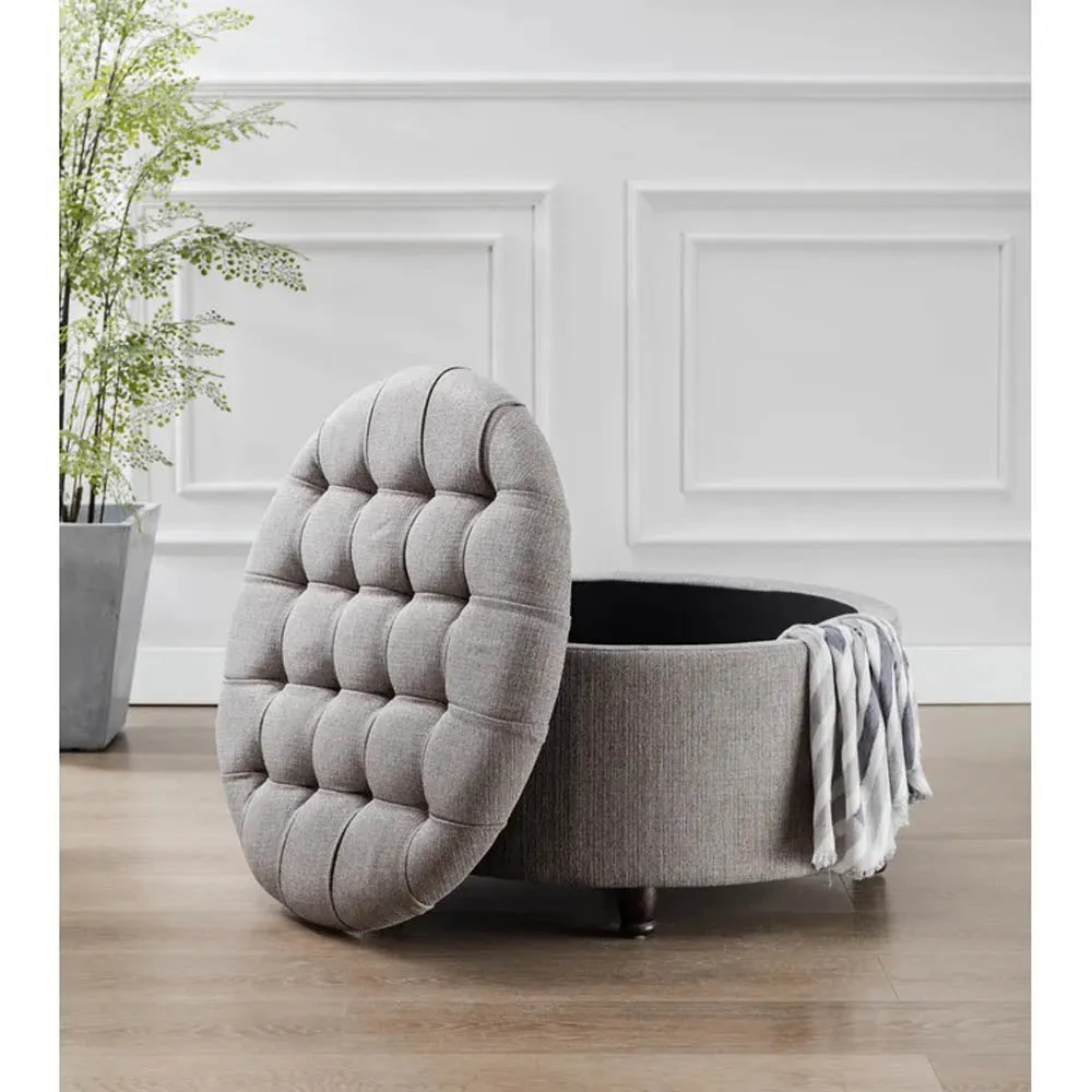 Grey Round-Shaped Premium Quality Storage Ottoman