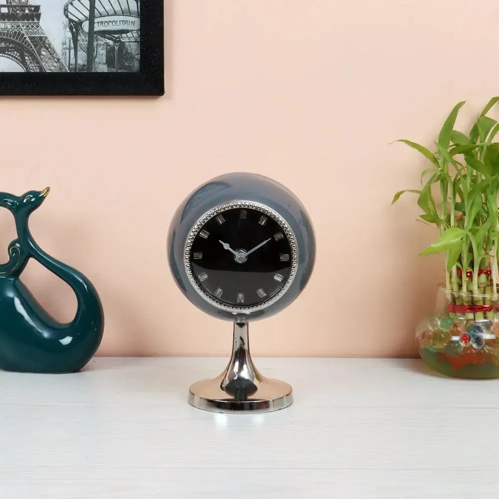 Grey & Silver Finish Circular Globe Table Clock