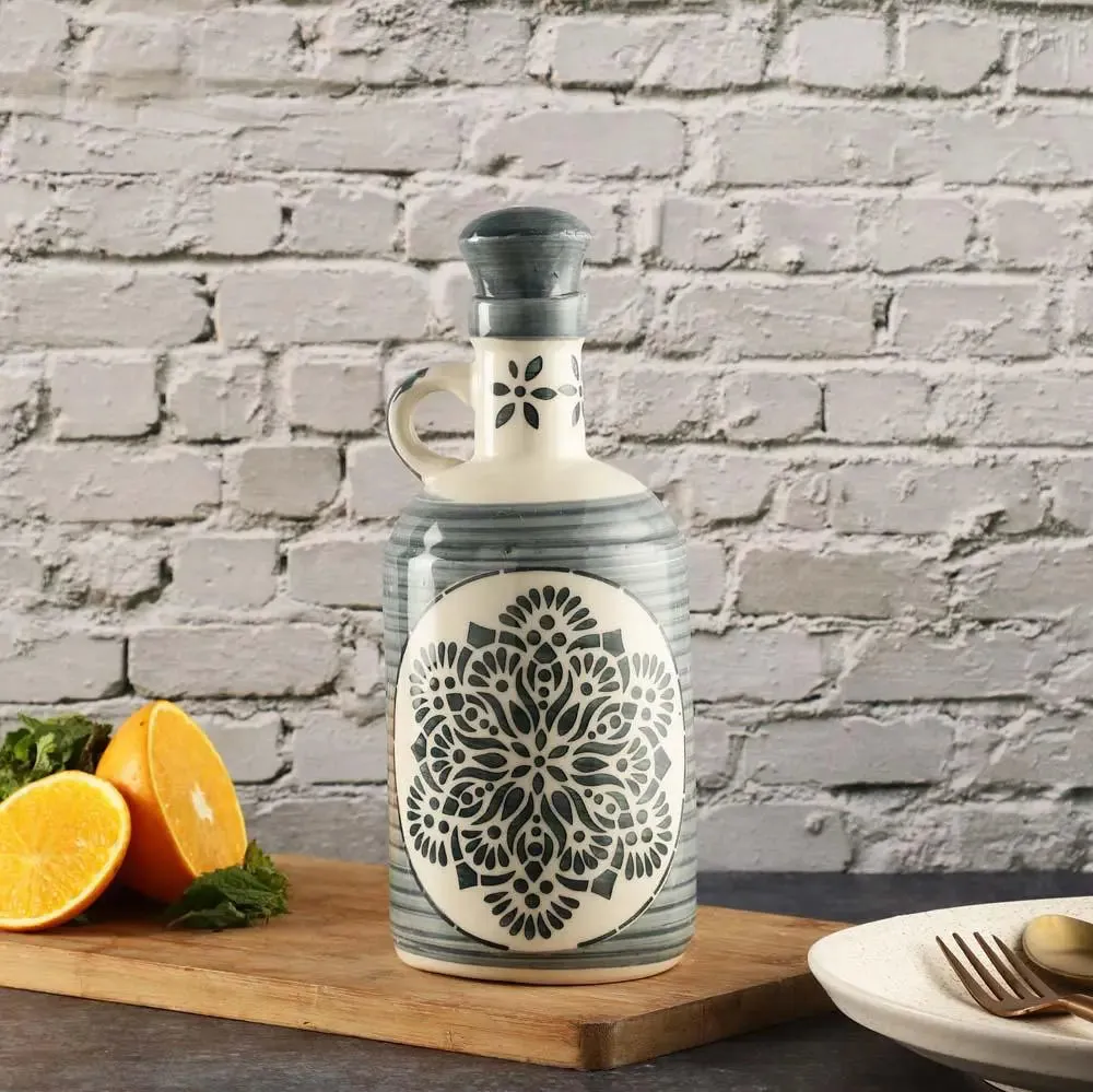 Grey Traditional Motif Handpainted Ceramic Oil Dispenser