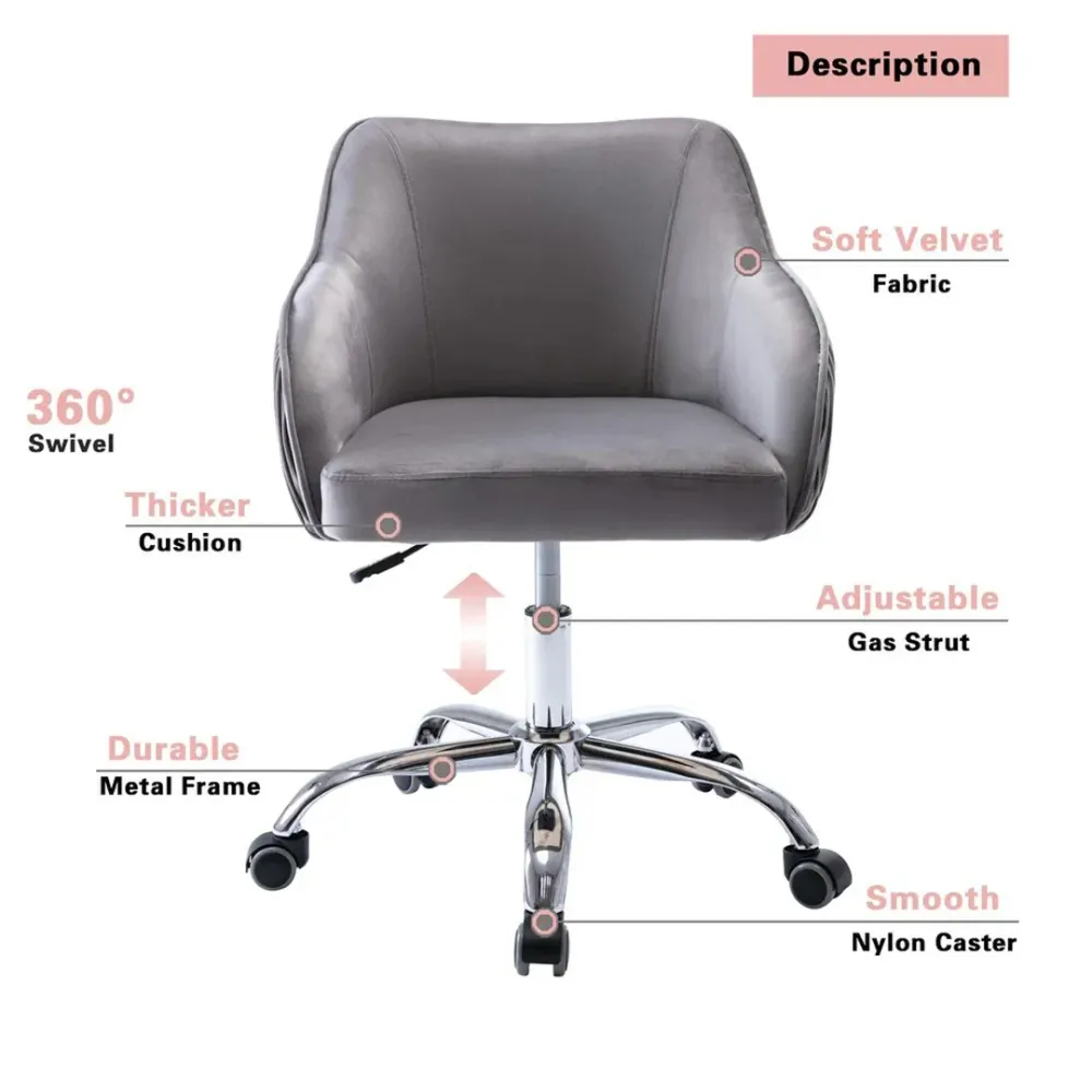 Grey Velvet Ergonomic Swivel Chair Single