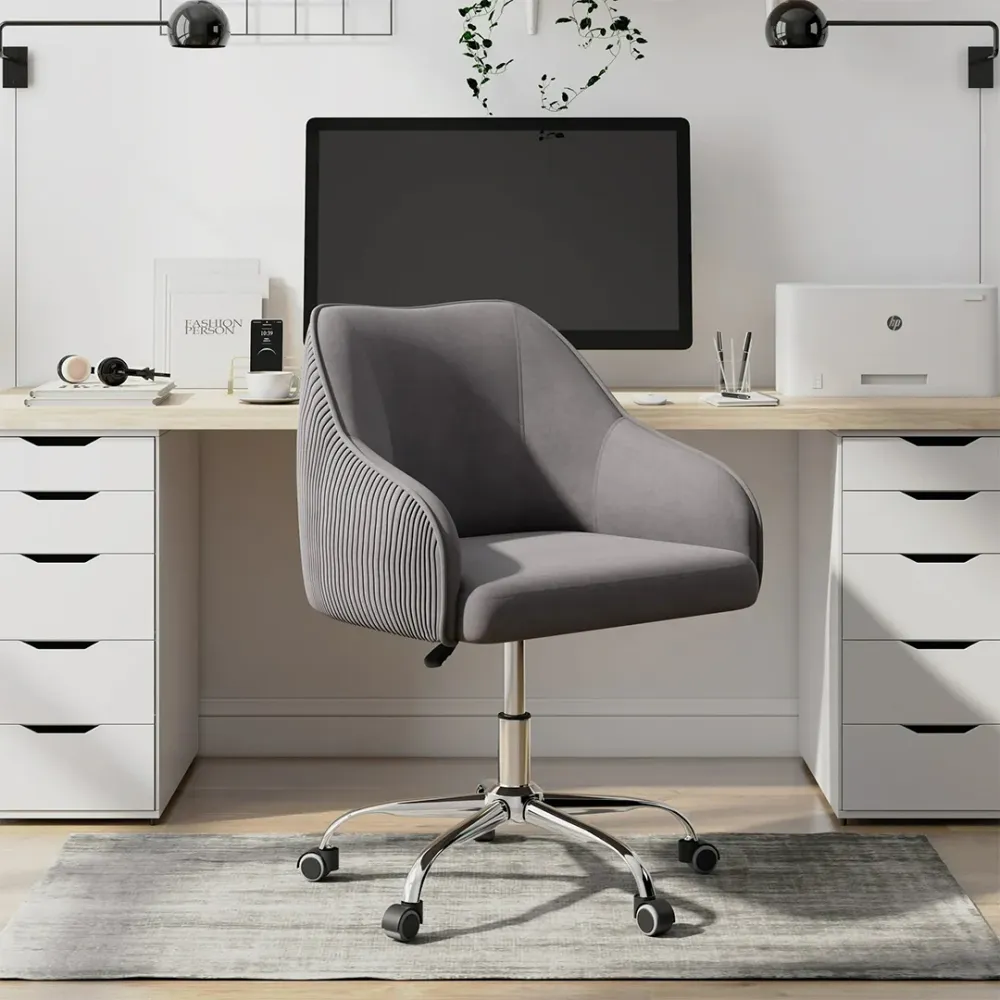 Grey Velvet Ergonomic Swivel Chair Single