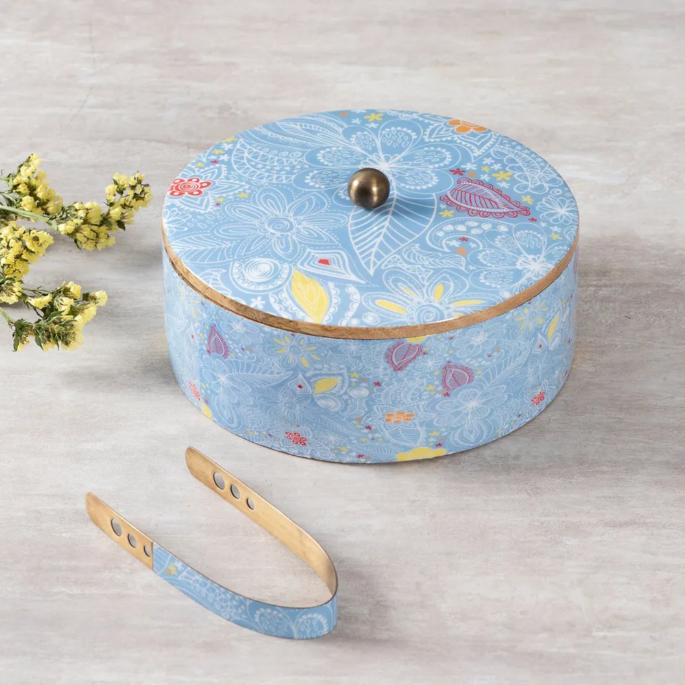 Grey Wood With Enamel Casserole/Chapatti Box With Tong