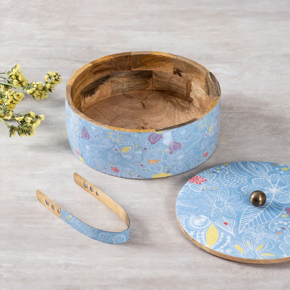 Grey Wood With Enamel Casserole/Chapatti Box With Tong