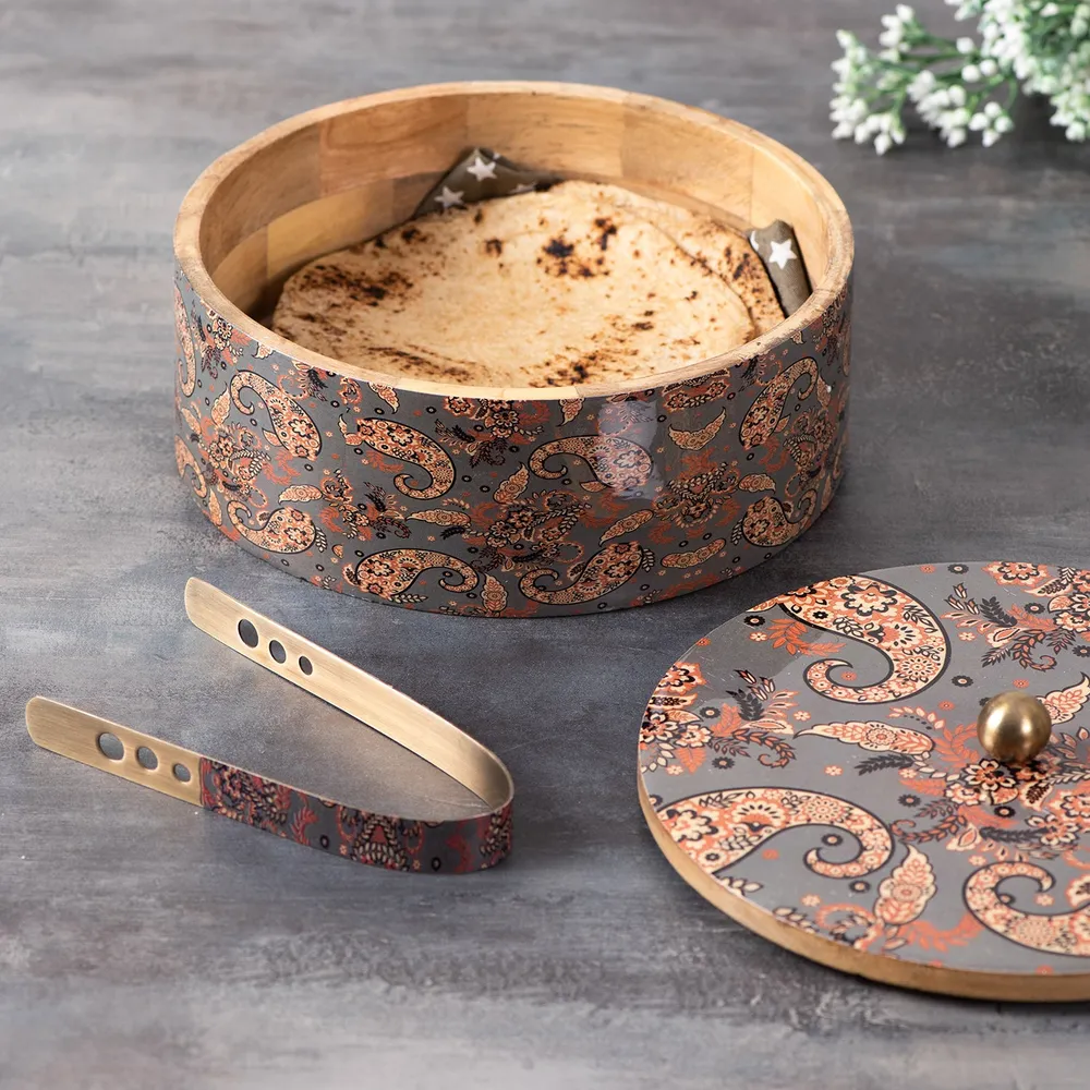 Grey Wooden With Enamel Casserole/Chapatti Box With Tong