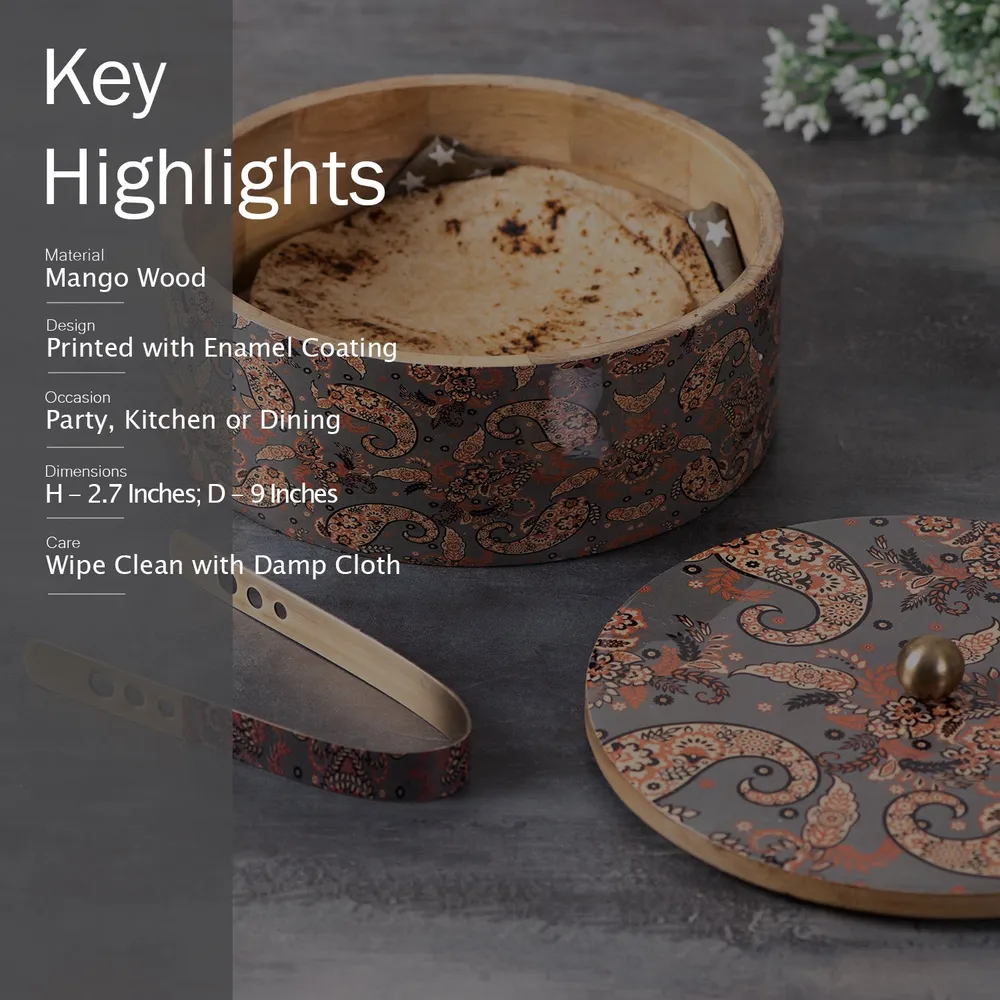 Grey Wooden With Enamel Casserole/Chapatti Box With Tong