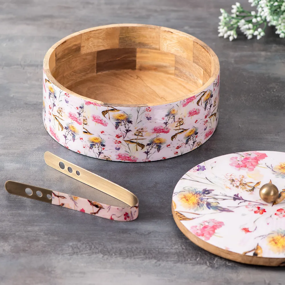 Grey Wooden With Enamel Casserole/Chapatti Box With Tong