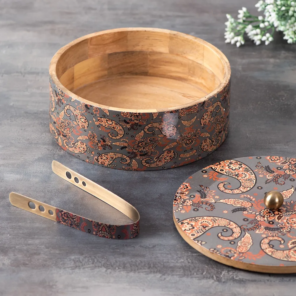 Grey Wooden With Enamel Casserole/Chapatti Box With Tong