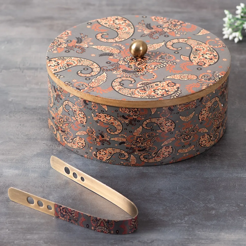 Grey Wooden With Enamel Casserole/Chapatti Box With Tong
