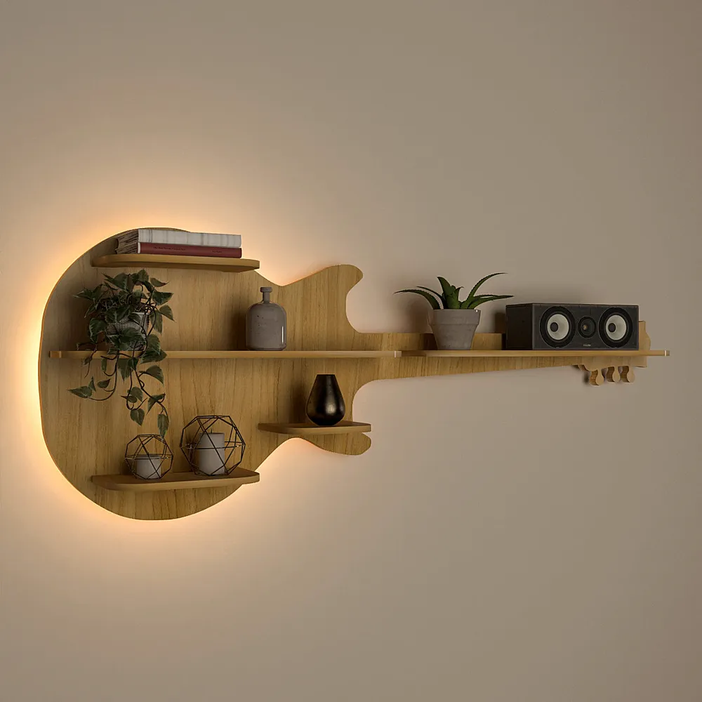 Guitar Backlit Wood Wall Shelf / Book Shelf / Night Light, Light Oak Finish Regular ( 40 inches x 15 inches )