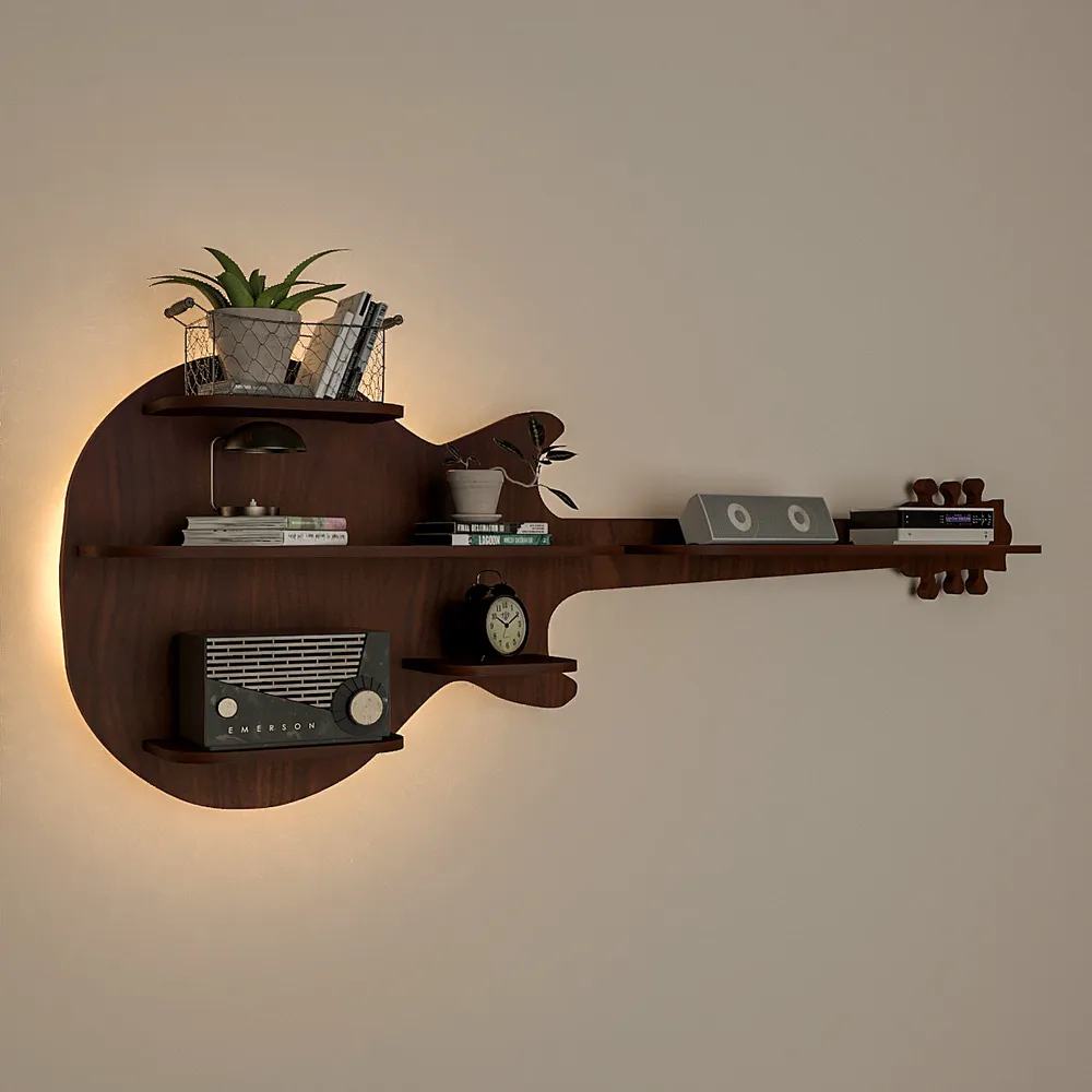 Guitar Backlit Wood Wall Shelf / Book Shelf / Night Light, Walnut Finish Regular ( 40 inches x 15 inches )