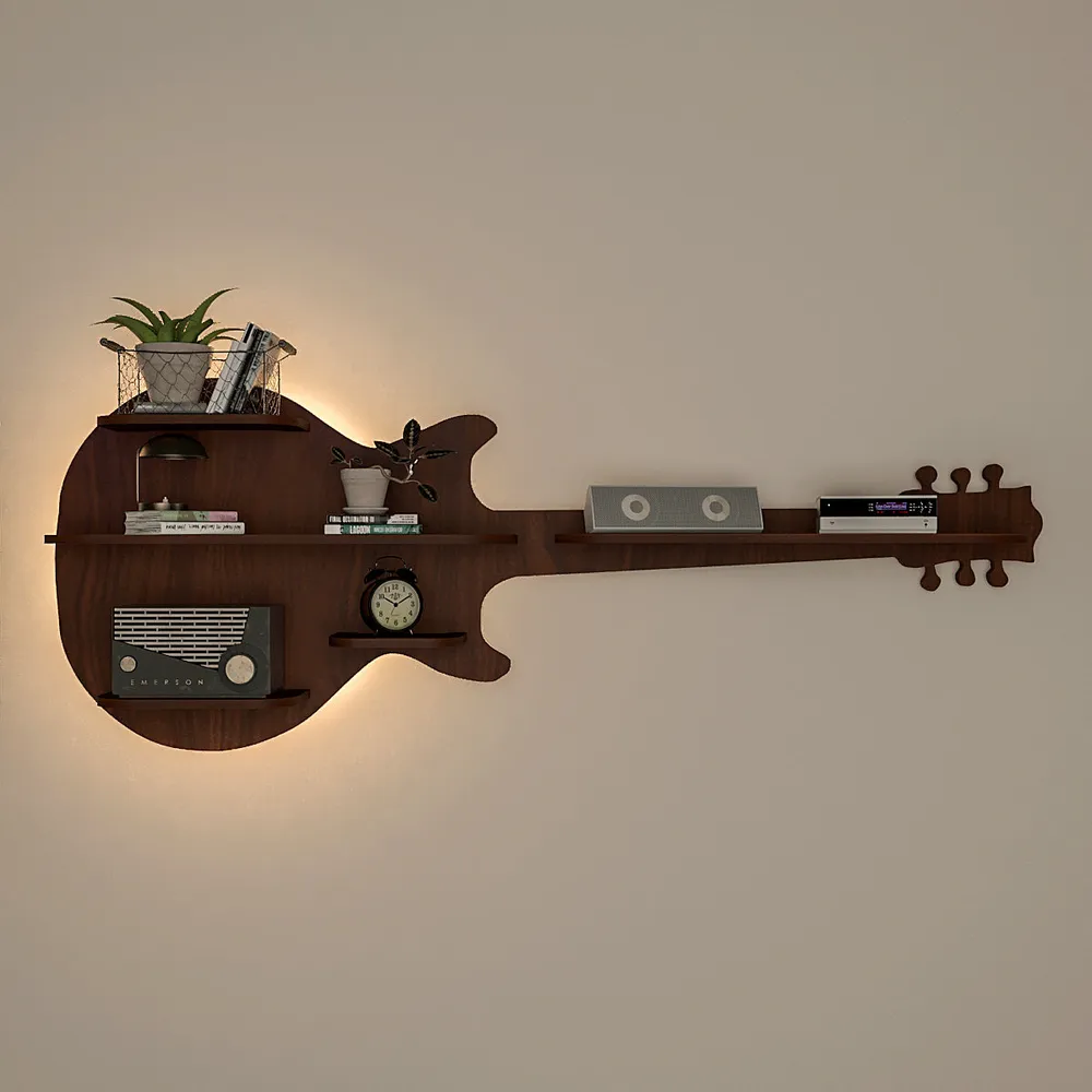 Guitar Backlit Wood Wall Shelf / Book Shelf / Night Light, Walnut Finish Regular ( 40 inches x 15 inches )