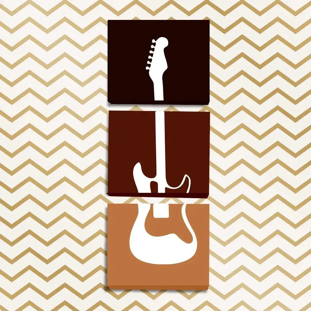 Guitar Painting for Wall / 3 Pieces Canvas Print/Stretched and Framed on Wood / 12" W x 32" H