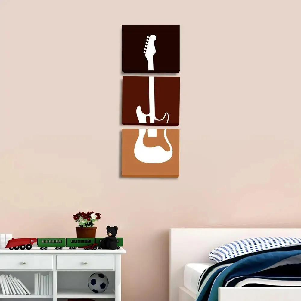 Guitar Painting for Wall / 3 Pieces Canvas Print/Stretched and Framed on Wood / 12" W x 32" H