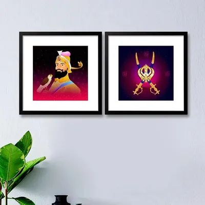 Guru Gobind Singh Ji Framed Painting, with Black Frame, Set of 2