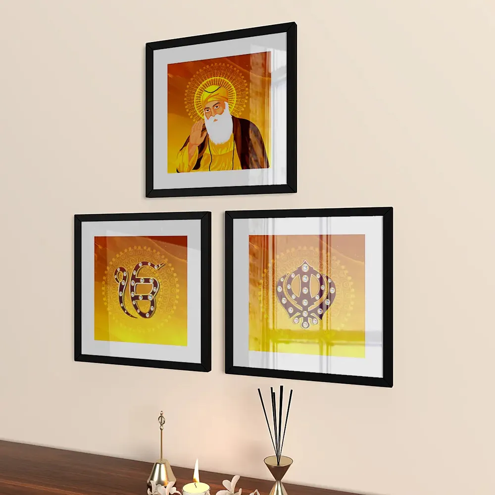 Gurunanak With Sikh Symbol Framed Wall Painting Set of 3 Hangings having Break Resistant Acrylic Glass