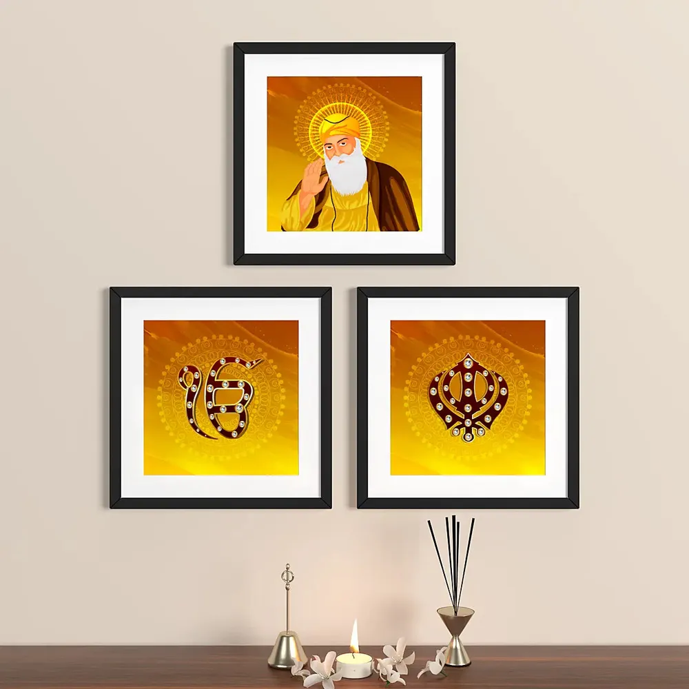 Gurunanak With Sikh Symbol Framed Wall Painting Set of 3 Hangings having Break Resistant Acrylic Glass