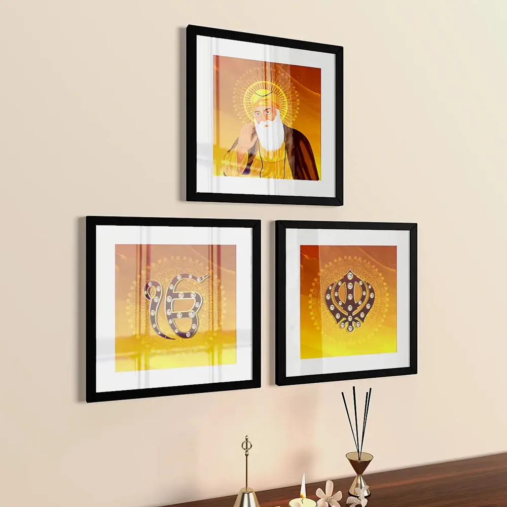 Gurunanak With Sikh Symbol Framed Wall Painting Set of 3 Hangings having Break Resistant Acrylic Glass