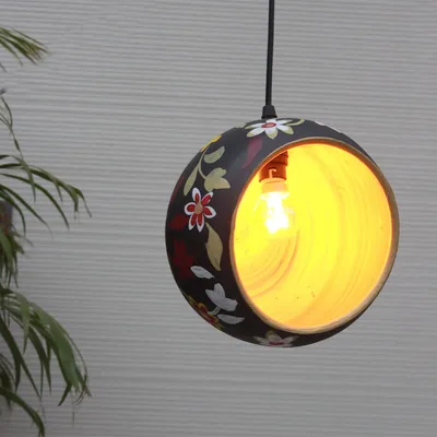 Half Facing Round Black Handpainted Floral Hanging Lamp
