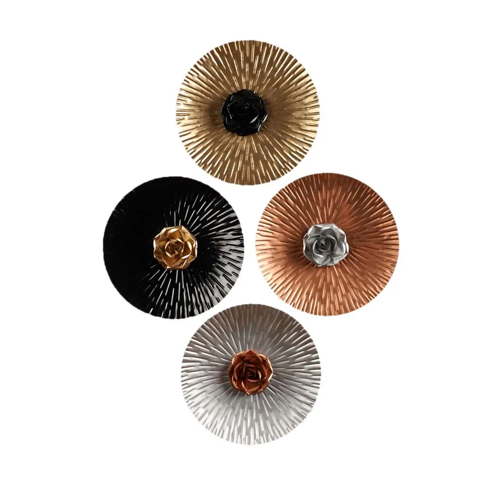 Hammered Foil Motif Rose Metal Decorative Wall Plates Set Of 4
