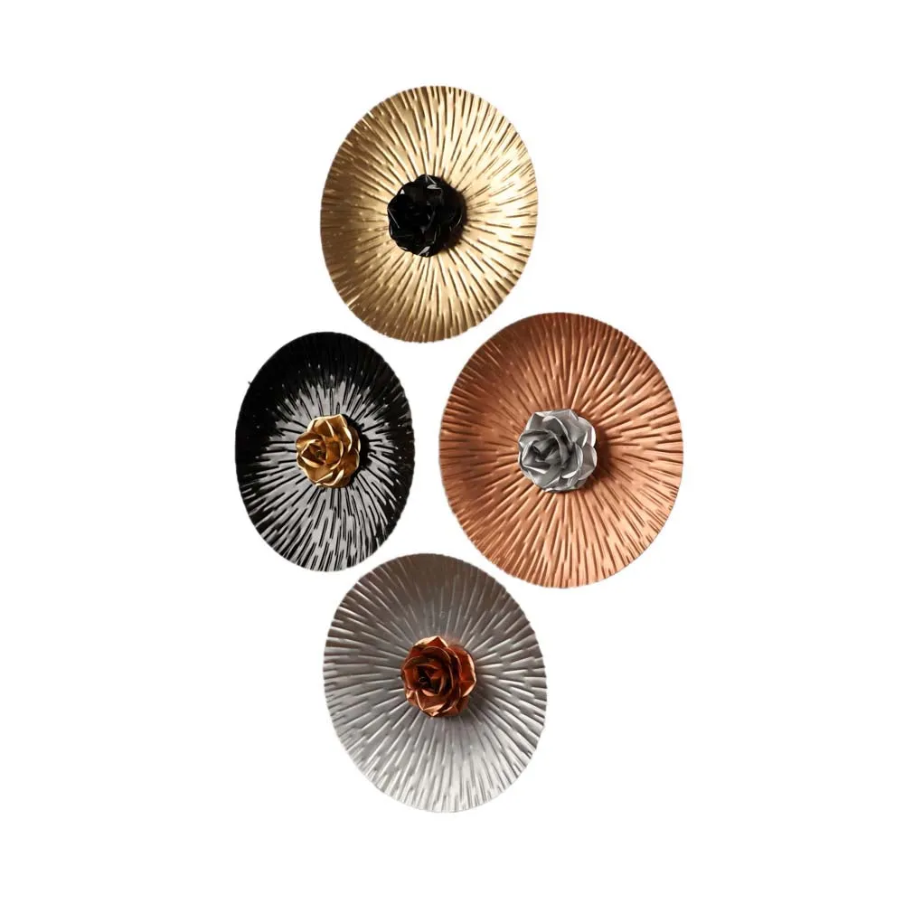 Hammered Foil Motif Rose Metal Decorative Wall Plates Set Of 4