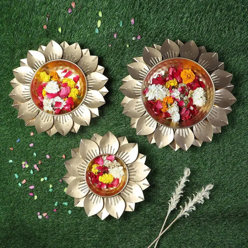 Hammered Gold FLower Brass Urli Set of 3 for Living Room