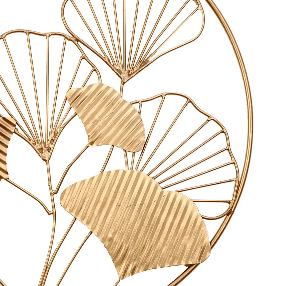 Hammered Leaves Round Framed Golden Metal Decorative Wall Art Set Of 3