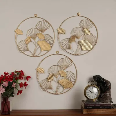 Hammered Leaves Round Framed Golden Metal Decorative Wall Art Set Of 3