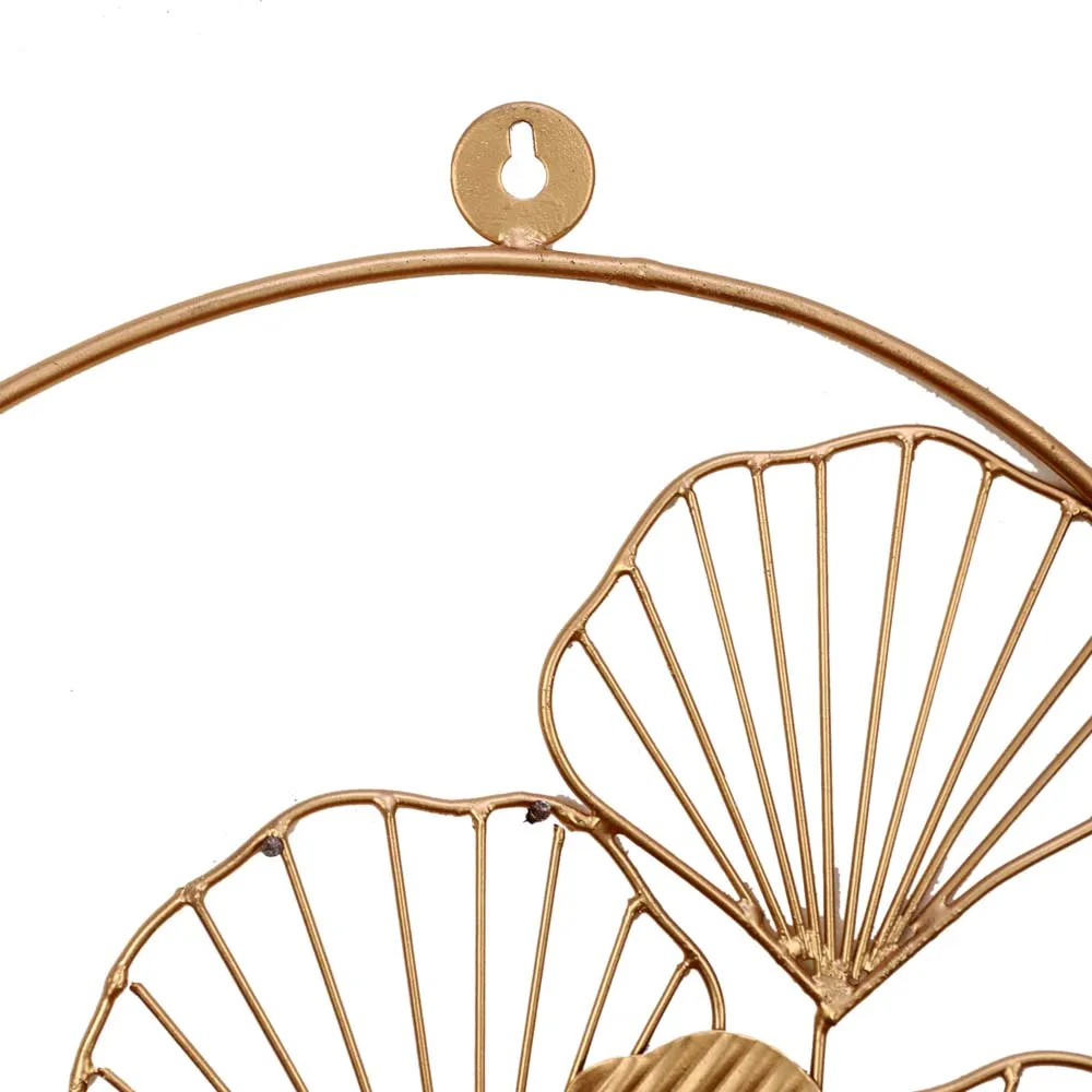 Hammered Leaves Round Framed Golden Metal Decorative Wall Art Set Of 3