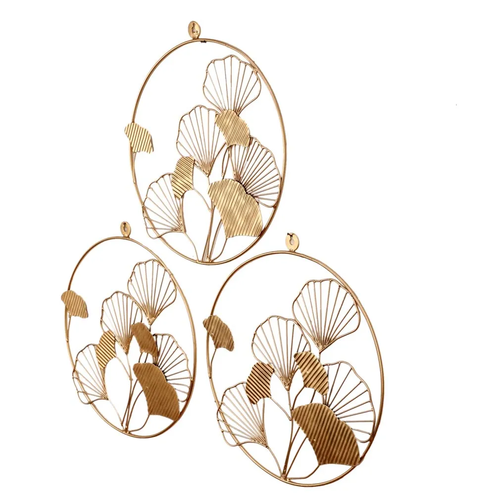 Hammered Leaves Round Framed Golden Metal Decorative Wall Art Set Of 3