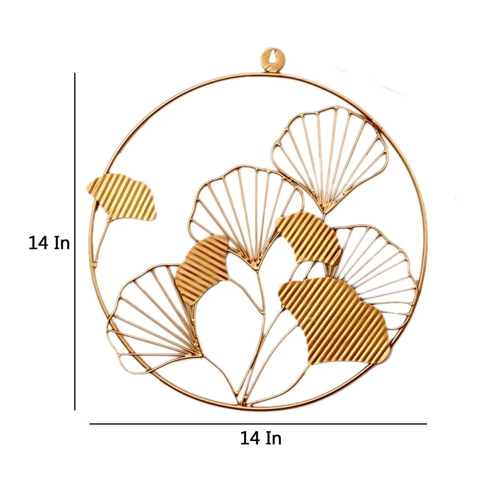 Hammered Leaves Round Framed Golden Metal Decorative Wall Art Set Of 3