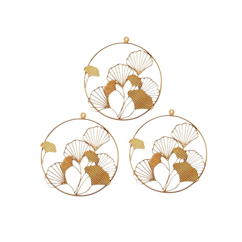 Hammered Leaves Round Framed Golden Metal Decorative Wall Art Set Of 3