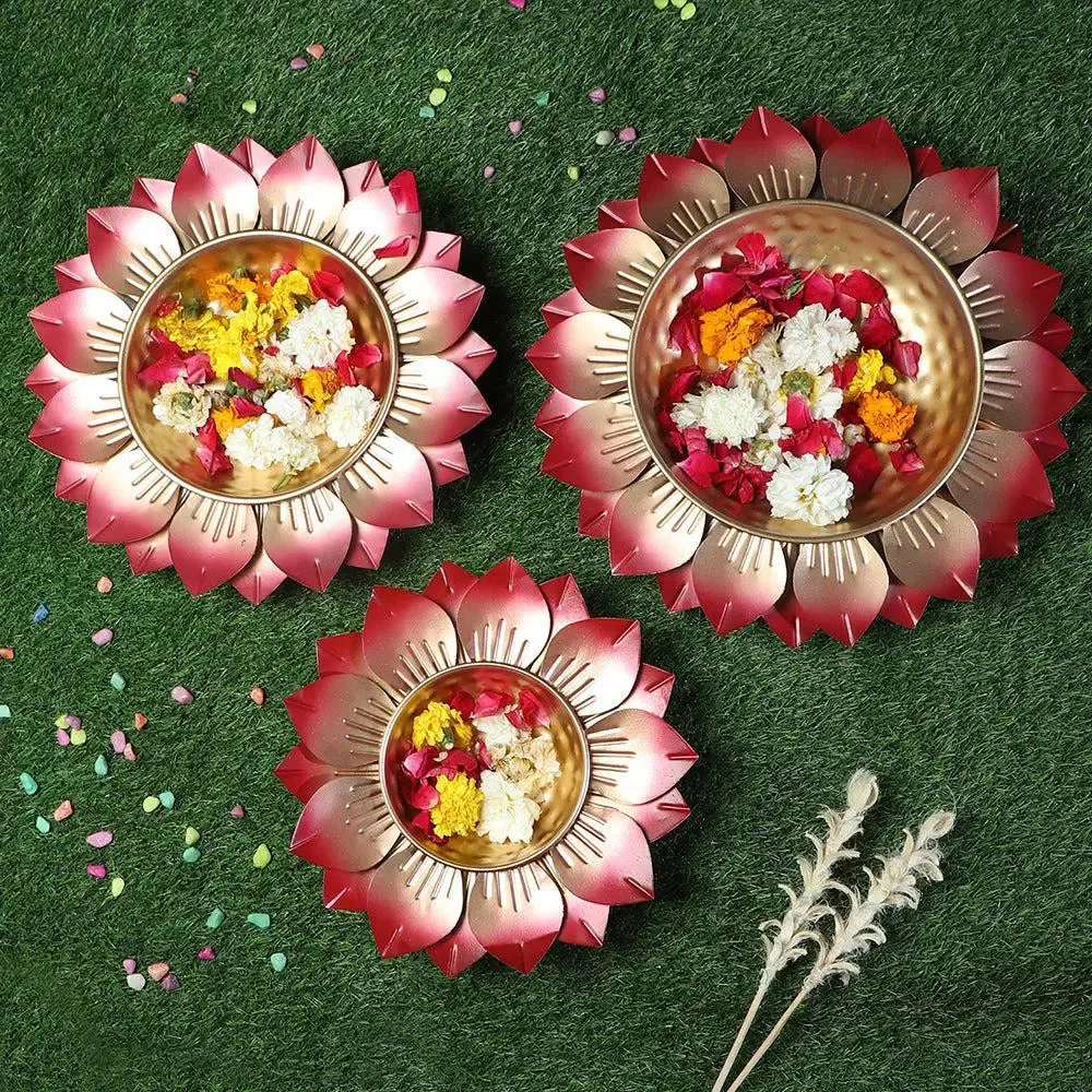 Hammered Red FLower Urli Set of 3 for Living Room