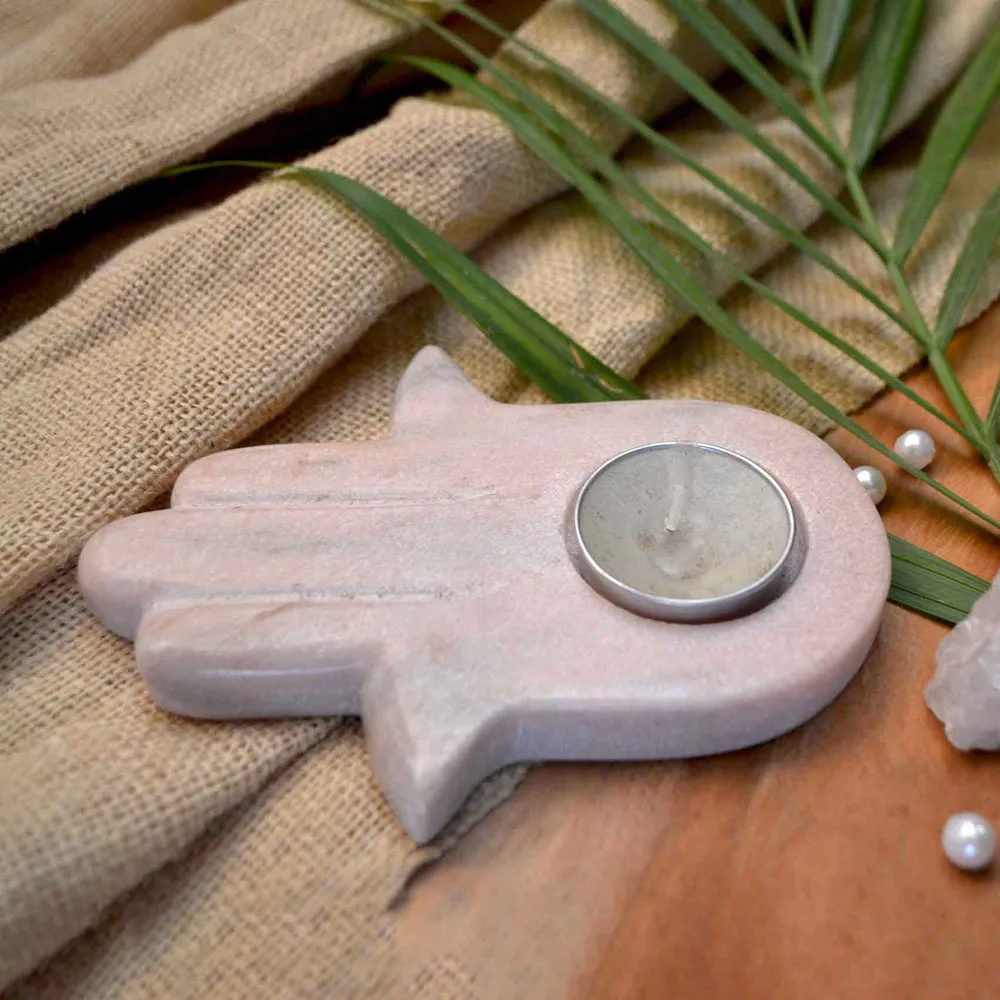 Hamza Hand Pink Marble Tealight Candle Holder