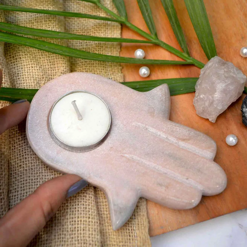 Hamza Hand Pink Marble Tealight Candle Holder