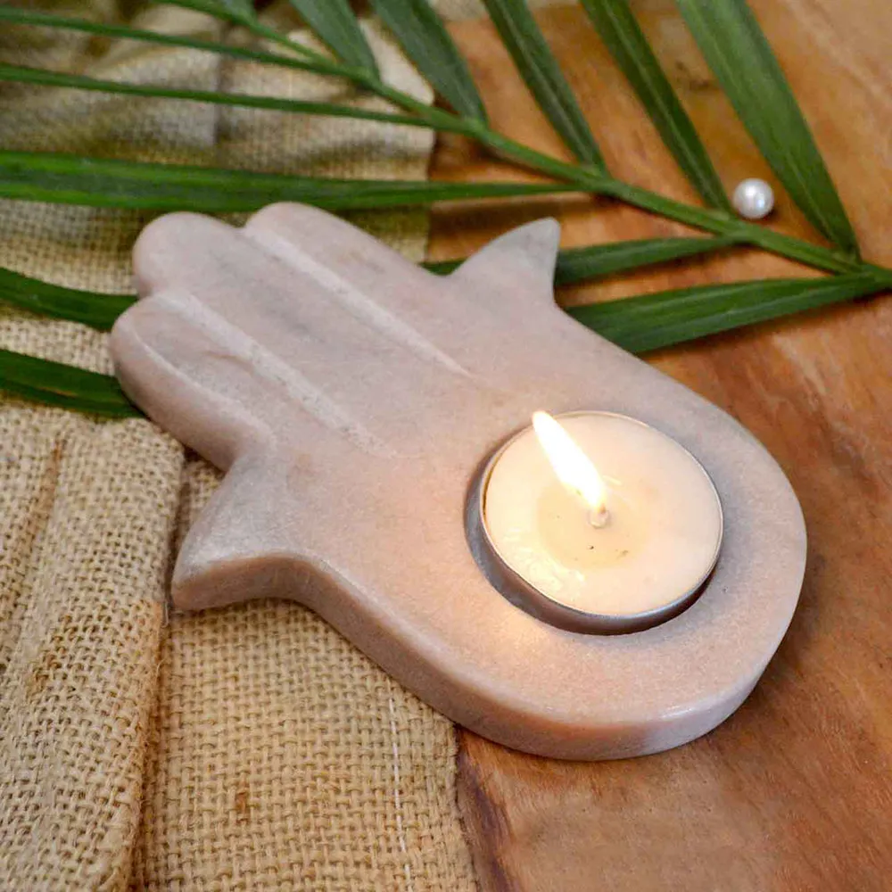 Hamza Hand Pink Marble Tealight Candle Holder