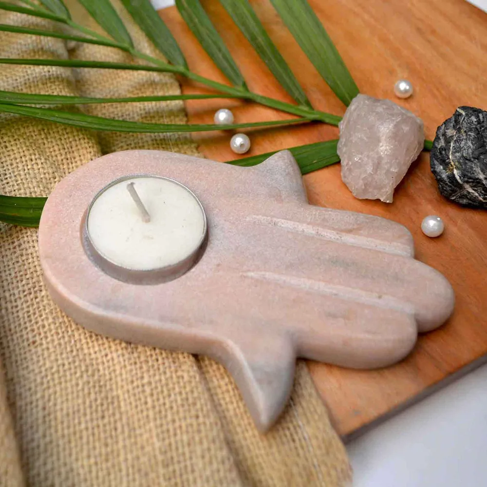 Hamza Hand Pink Marble Tealight Candle Holder
