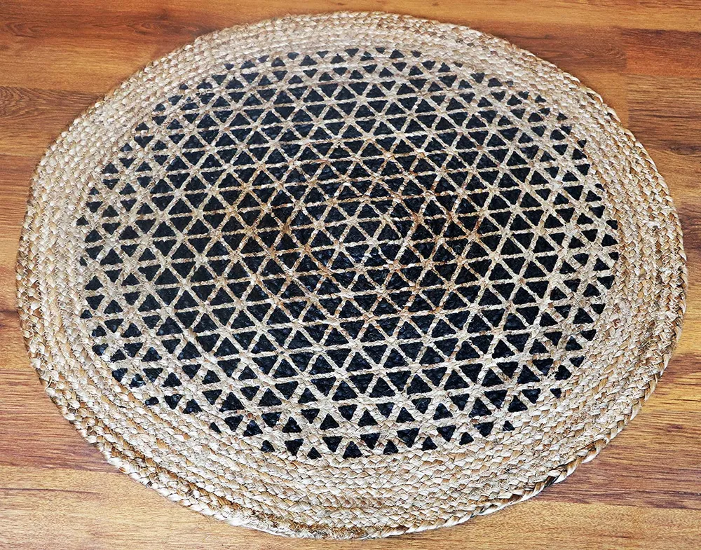 Hand braided Golden Bordered Black Round Jute Floormat