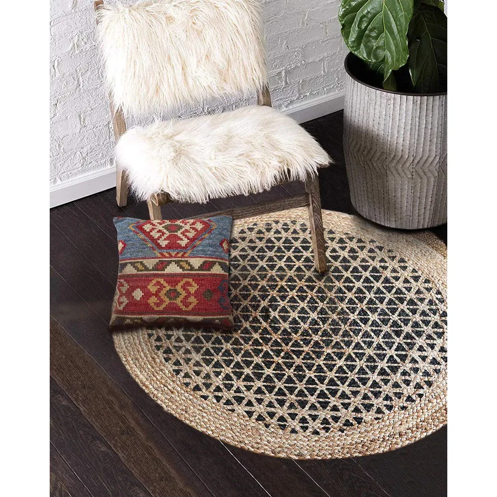 Hand braided Golden Bordered Black Round Jute Floormat