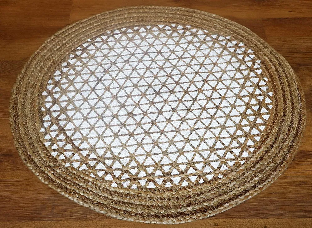 Hand braided Golden Bordered White Round Jute Floormat