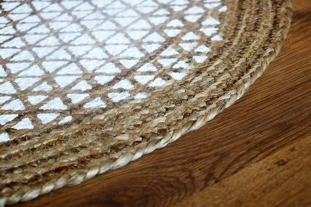 Hand braided Golden Bordered White Round Jute Floormat