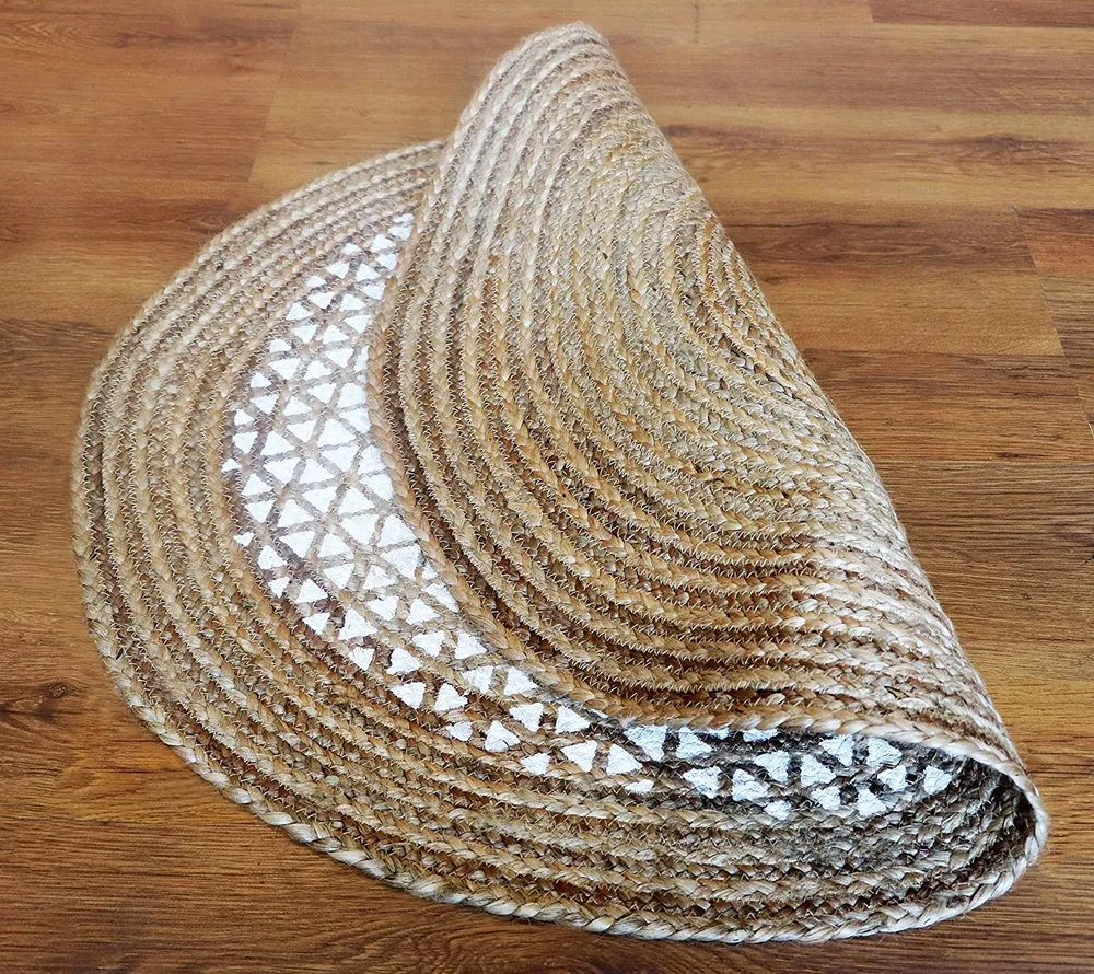 Hand braided Golden Bordered White Round Jute Floormat