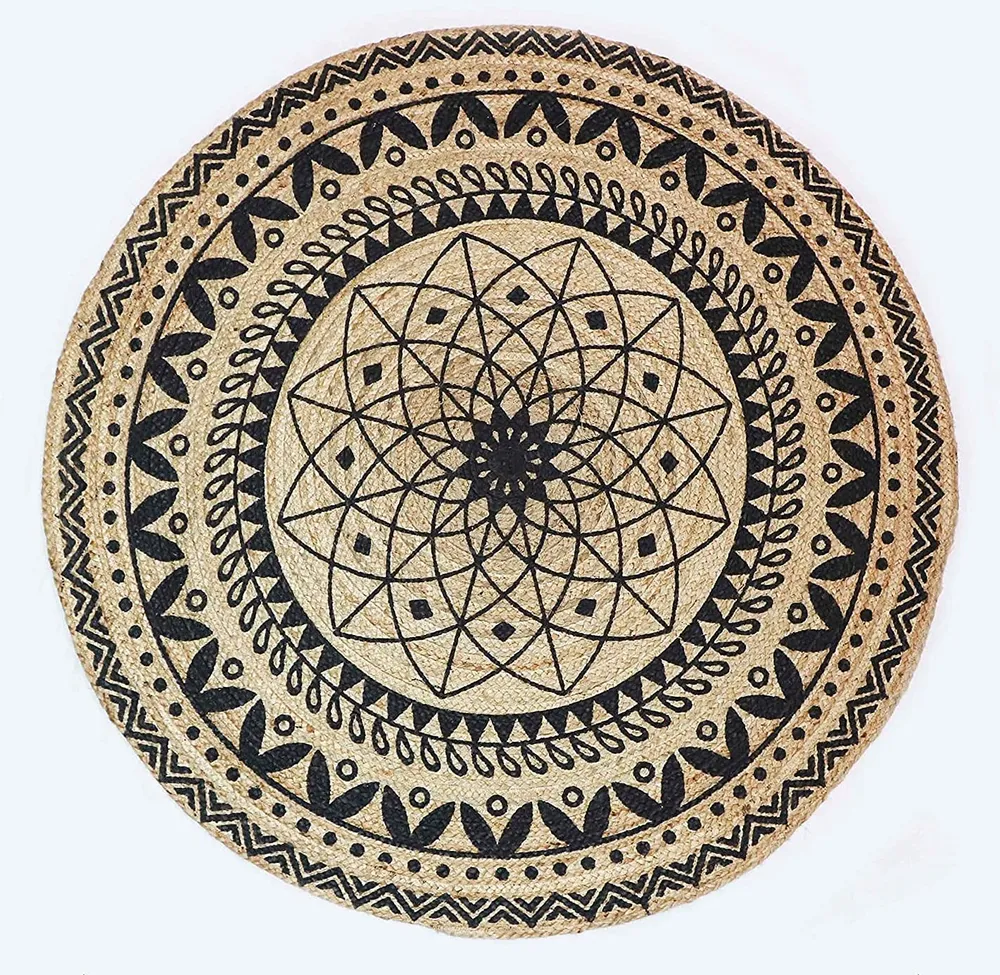 Hand braided Mandala Black Round Jute Floormat Regular (Diameter- 80 cm)