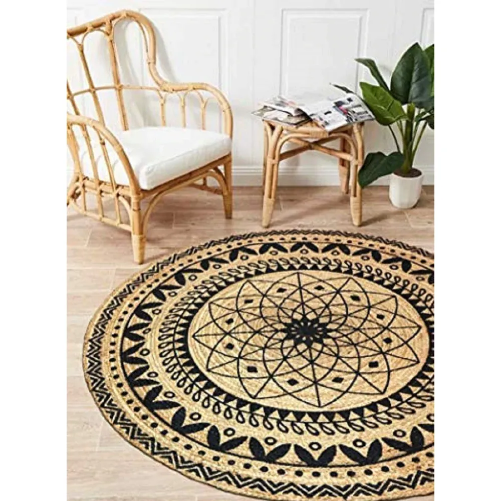 Hand braided Mandala Black Round Jute Floormat Regular (Diameter- 80 cm)